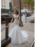 Beaded White Lace Tulle Deep V Back Luxury Wedding Dress